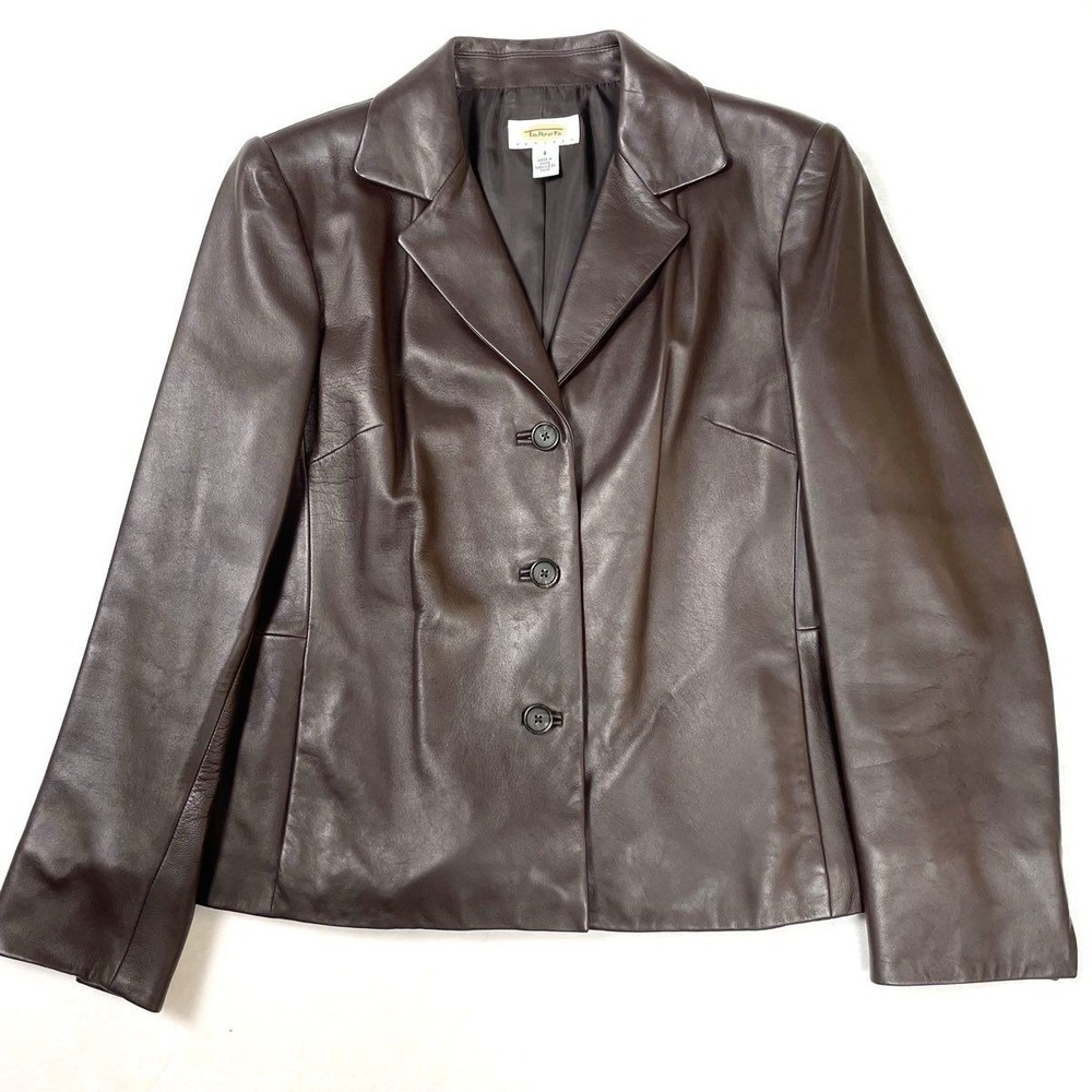 Vintage Y2K Talbots Petites Women's Dark Brown Leather Blazer Jacket Sz 8
